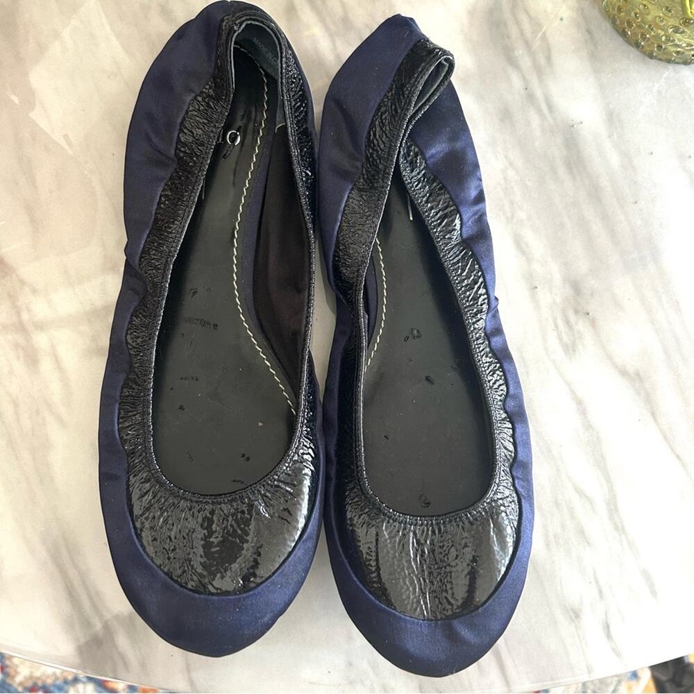 Linea Paolo Navy Satin & Black Patent Leather Ballet Flat
